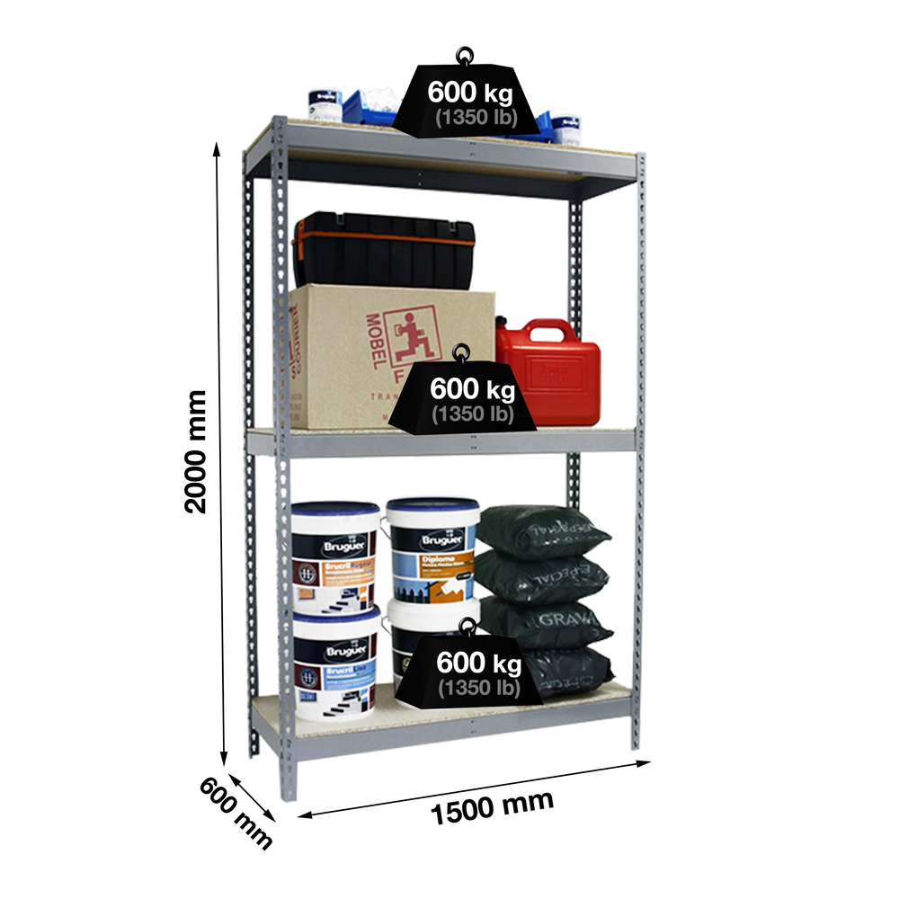 Étagère charge moyenne 500 à 600kg - 2000x1500x600 - 3 niveaux Gris/Bois - SIMON RACK - 8435104976081