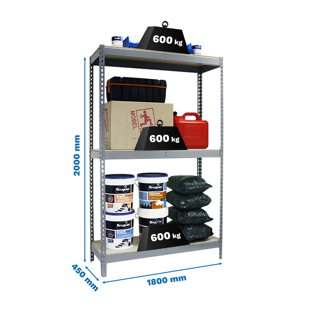 Étagère charge moyenne 500 à 600kg - 2000x1800x450 - 3 niveaux Gris/Bois - SIMON RACK - 8435104976104