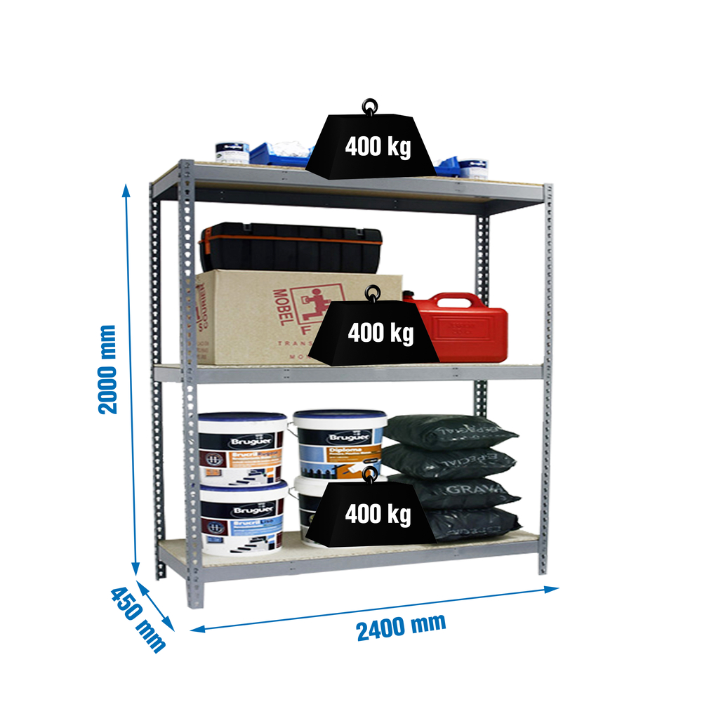 Étagère charge moyenne 500 à 600kg - 2000x2400x450 - 3 niveaux Gris/Bois - SIMON RACK - 8435104976135