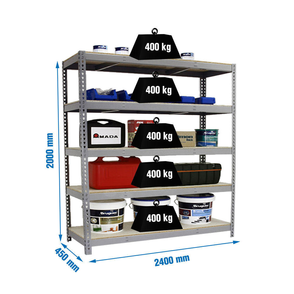 Étagère charge moyenne 500 à 600kg - 2000x2400x450 - 5 niveaux Gris/Bois - SIMON RACK - 8435104976227