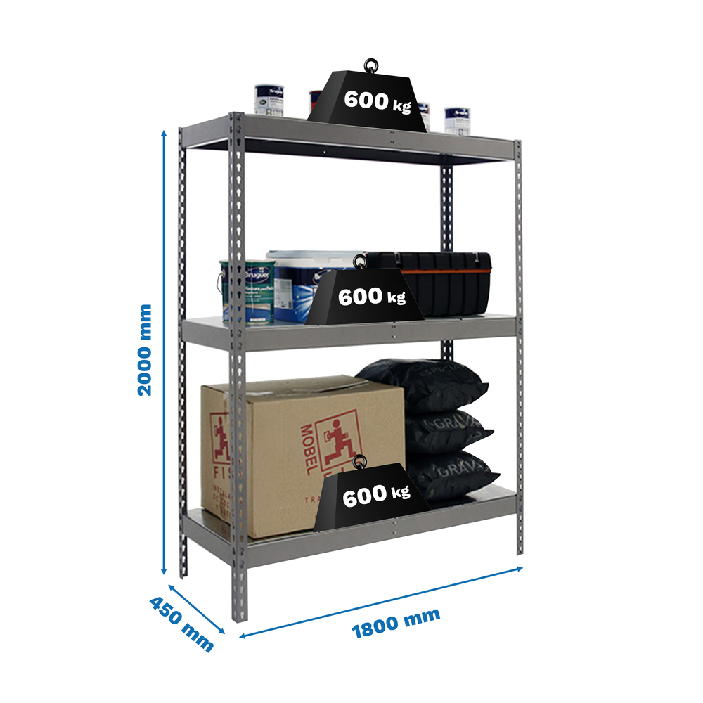 Étagère charge moyenne 500 à 600kg - 2000x1800x600 - 3 niveaux Gris - SIMON RACK - 8435104976296