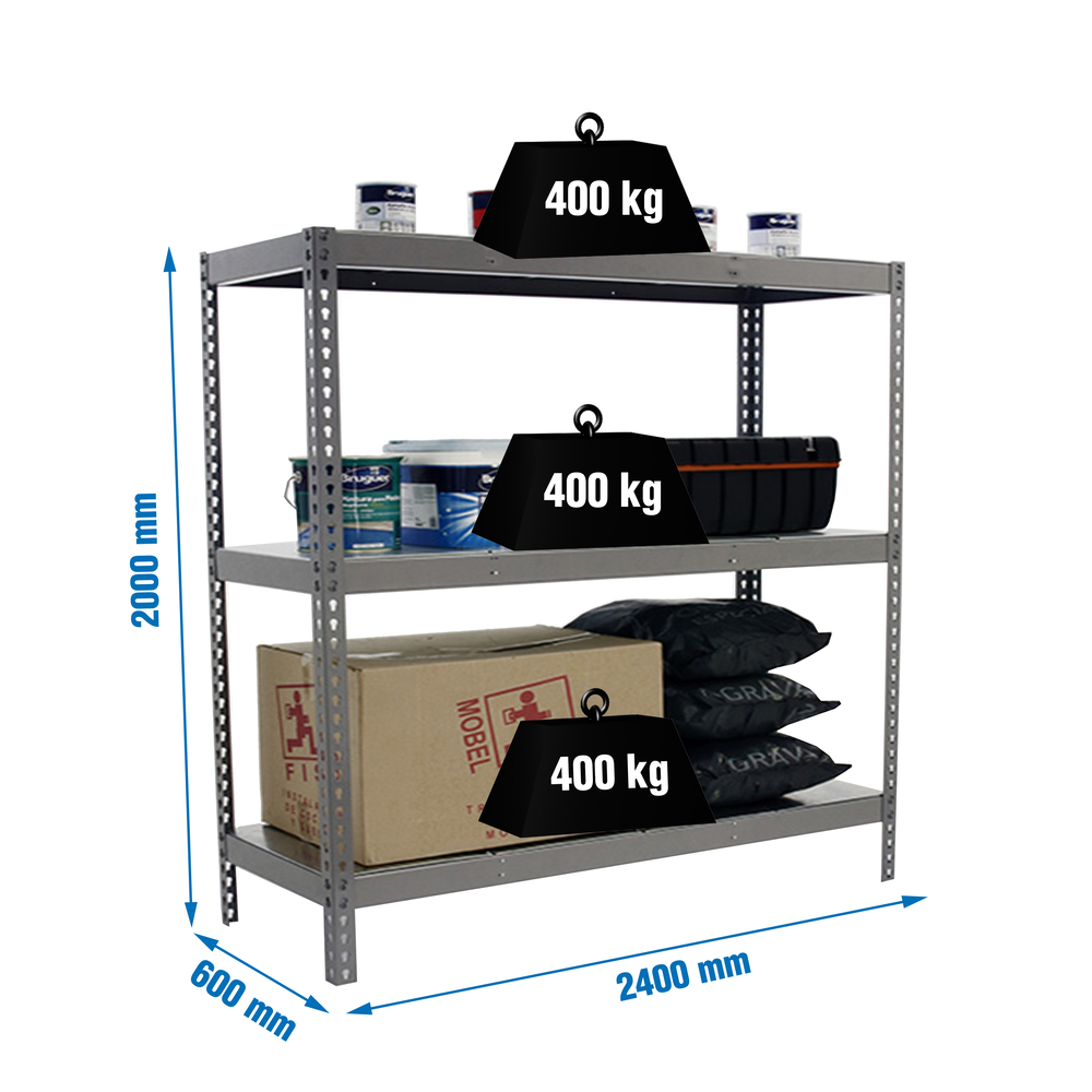Étagère charge moyenne 500 à 600kg - 2000x2400x600 - 3 niveaux Gris - SIMON RACK - 8435104976326