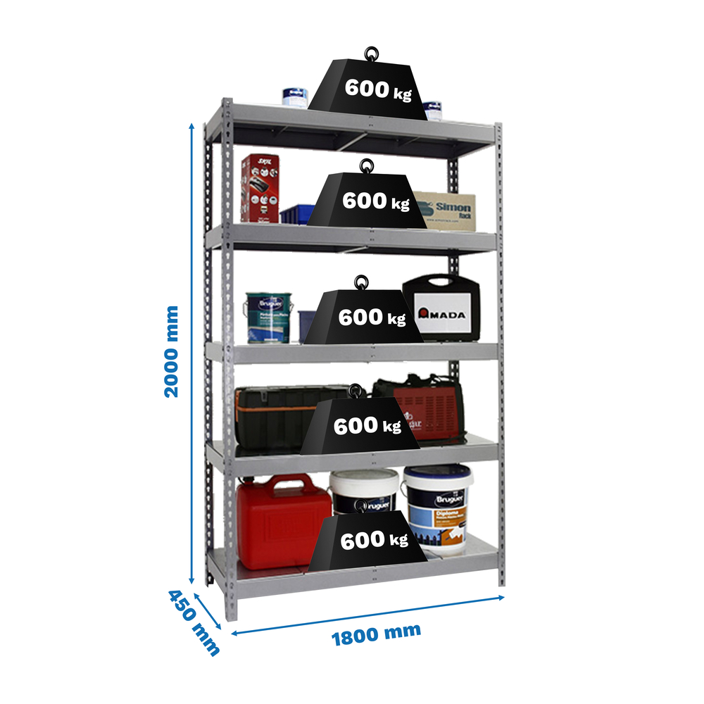 Étagère charge moyenne 500 à 600kg - 2000x1800x450 - 5 niveaux Gris - SIMON RACK - 8435104976371