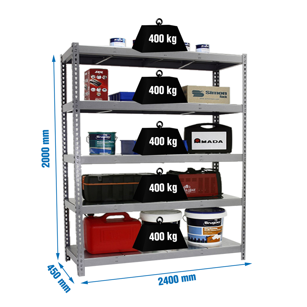Étagère charge moyenne 500 à 600kg - 2000x2400x450 - 5 niveaux Gris - SIMON RACK - 8435104976401