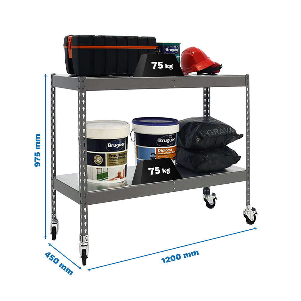 Étagère mobile charge moyenne 75kg - 975x1200x450 - 2 niveaux Gris - SIMON RACK - 8435104976494