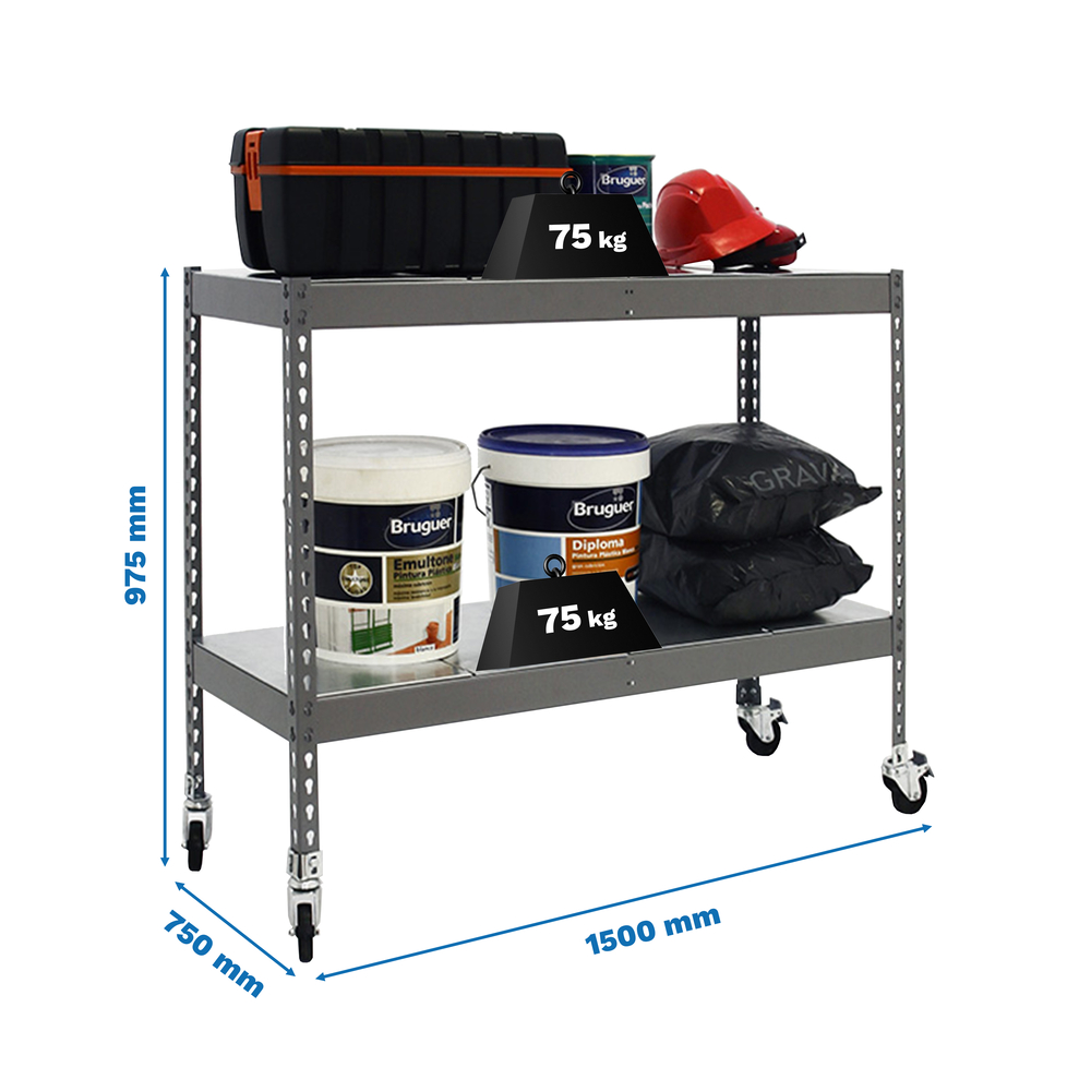 Étagère mobile charge moyenne 75kg - 975x1500x750 - 2 niveaux Gris - SIMON RACK - 8435104976548