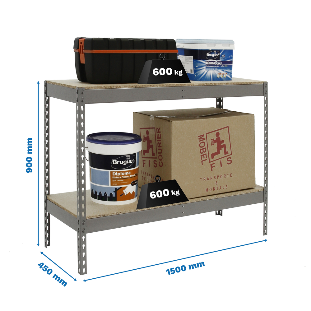 Étagère charge moyenne 500 à 600kg - 900x1500x450 - 2 niveaux Gris/Bois - SIMON RACK - 8435104976562