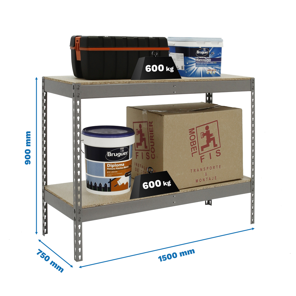 Étagère charge moyenne 500 à 600kg - 900x1500x750 - 2 niveaux Gris/Bois - SIMON RACK - 8435104976609