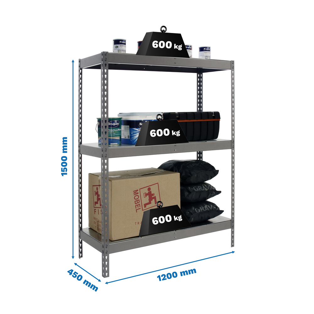 Étagère charge moyenne 500 à 600kg - 1500x1200x450 - 3 niveaux Gris - SIMON RACK - 8435104976913