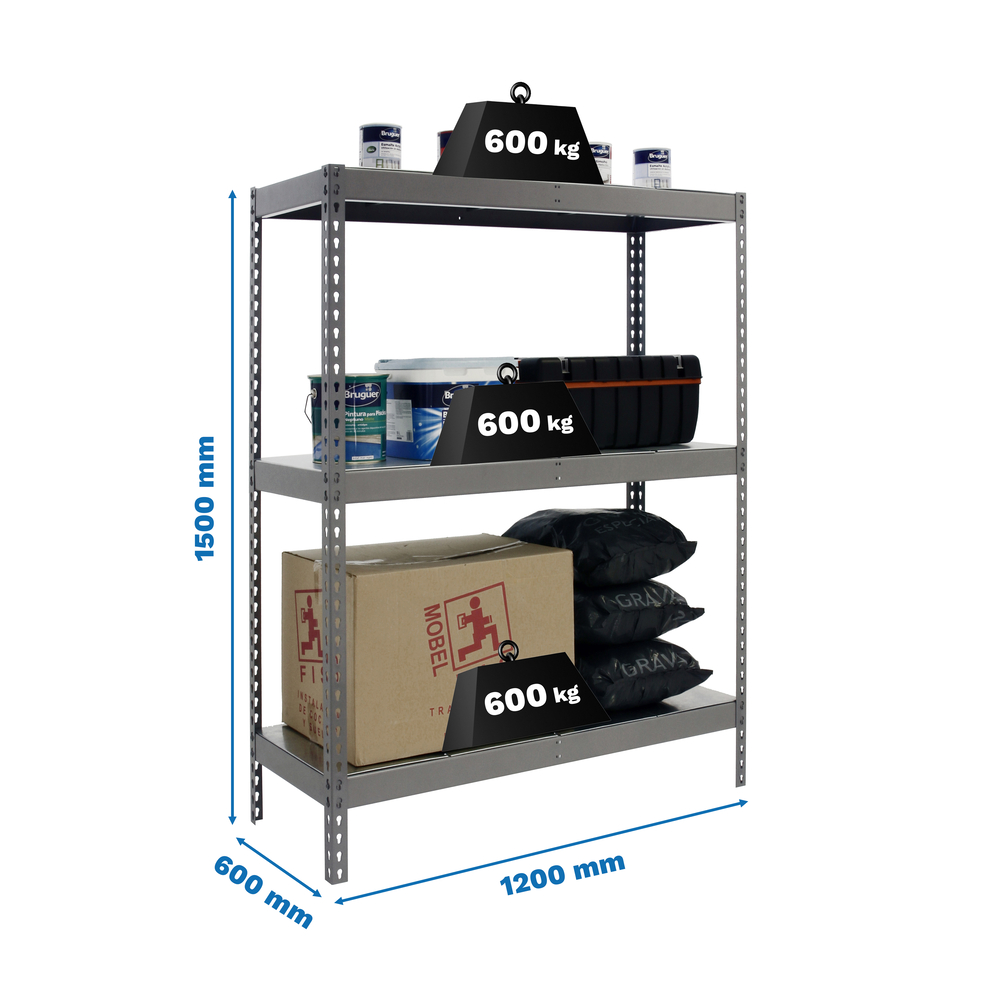 Étagère charge moyenne 500 à 600kg - 1500x1200x600 - 3 niveaux Gris - SIMON RACK - 8435104976937