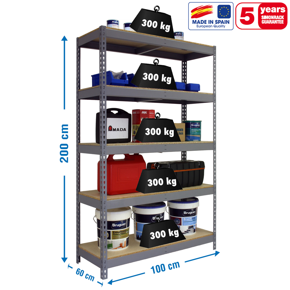 Étagère charge moyenne 300 kg 2000x1000x600 - 5 niveaux Gris/Bois - SIMON RACK - 8435104977408