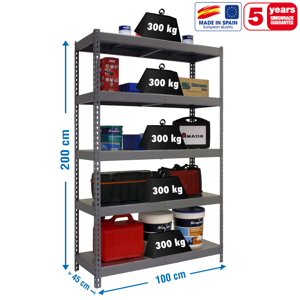Étagère charge moyenne 300 kg 2000x1000x450 - 5 niveaux Gris - SIMON RACK - 8435104977439