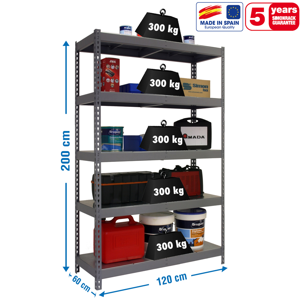 Étagère charge moyenne 300 kg 2000x1200x600 - 5 niveaux Gris - SIMON RACK - 8435104977460