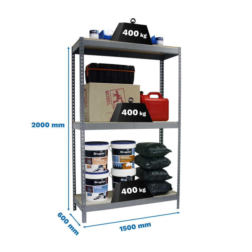 Étagère charge moyenne 400kg - 2000x1500x600 - 3 niveaux Gris/Bois - SIMON RACK - 8435104977620