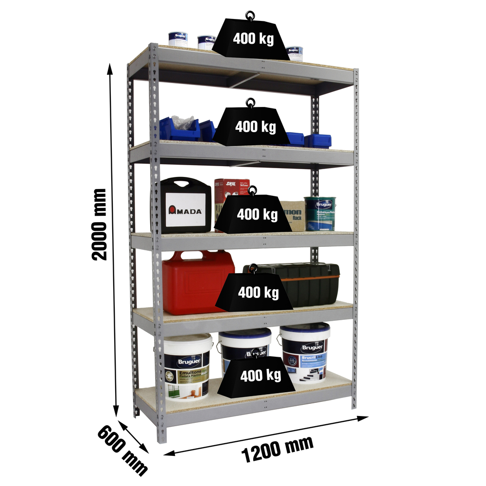 Étagère charge moyenne 400kg - 2000x1200x600 - 5 niveaux Gris/Bois - SIMON RACK - 8435104977668