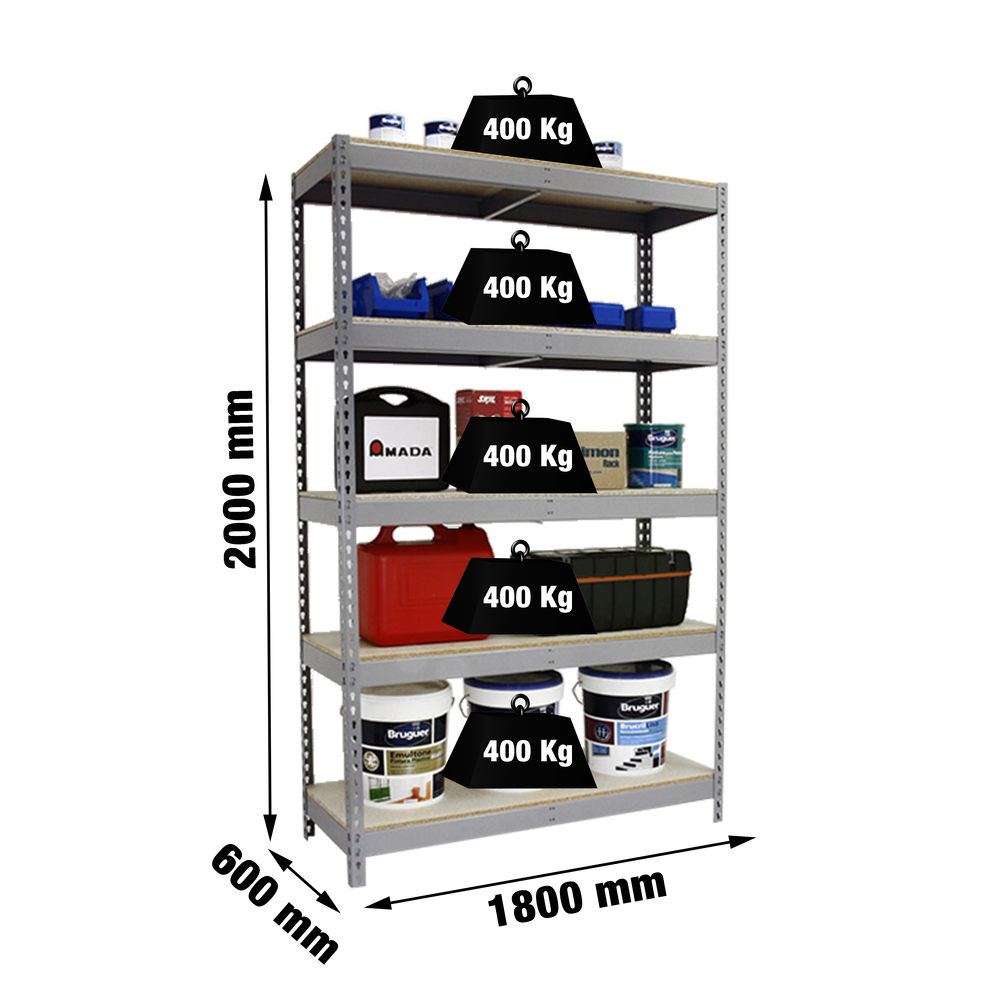 Étagère charge moyenne 400kg - 2000x1800x600 - 5 niveaux Gris/Bois - SIMON RACK - 8435104977705