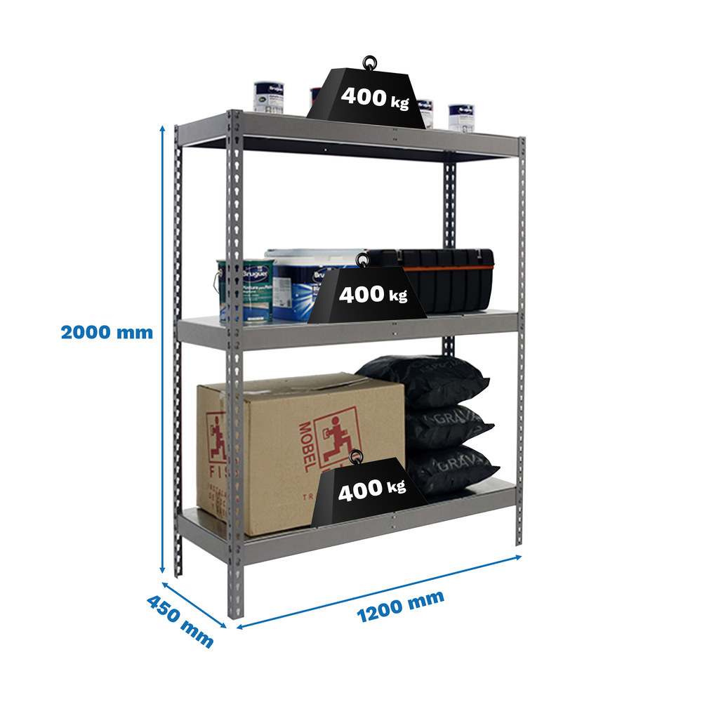 Étagère charge moyenne 400kg - 2000x1200x450 - 3 niveaux Gris - SIMON RACK - 8435104977712