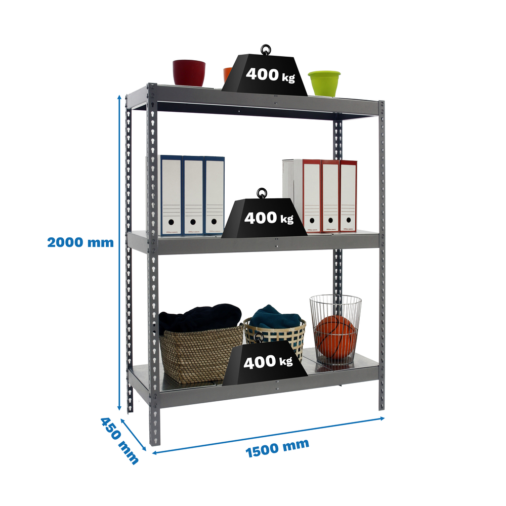 Étagère charge moyenne 400kg - 2000x1500x450 - 3 niveaux Gris - SIMON RACK - 8435104977736