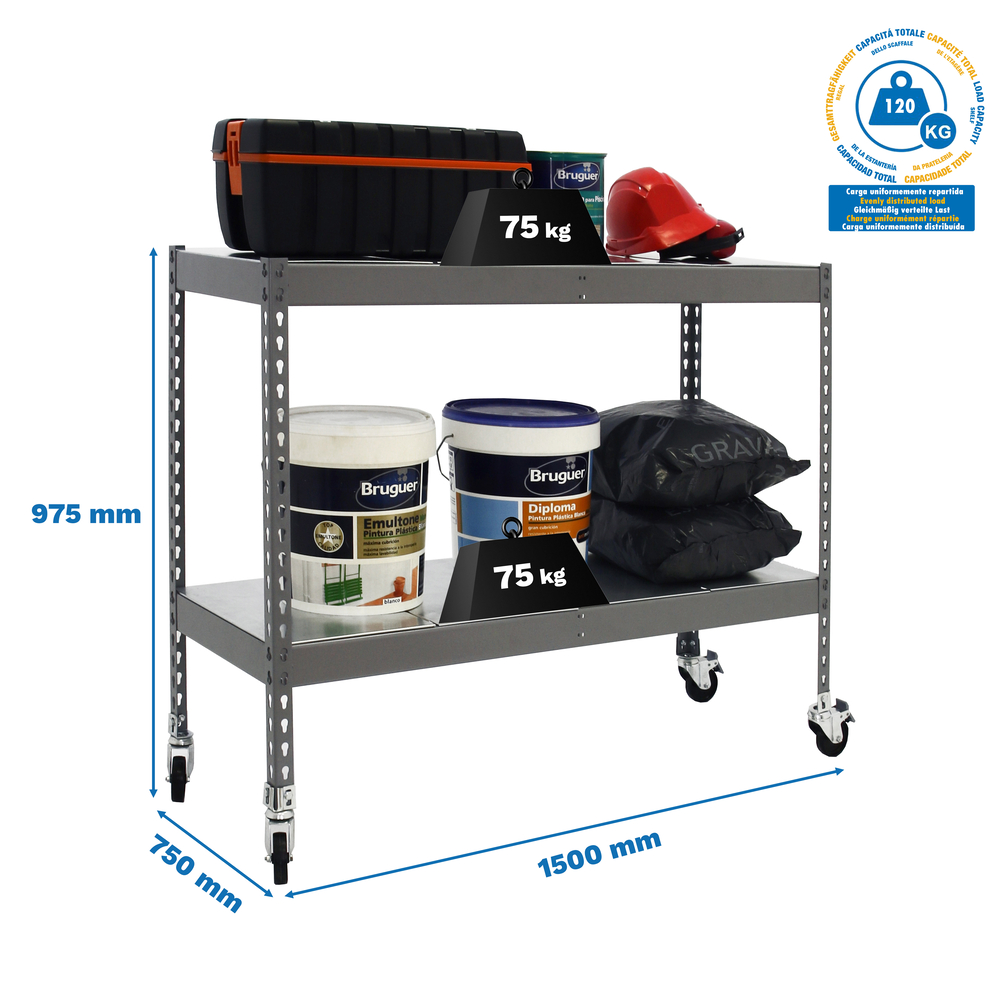 Étagère mobile charge moyenne 75kg - 975x1500x750 - 2 niveaux Gris - SIMON RACK - 8435104977941