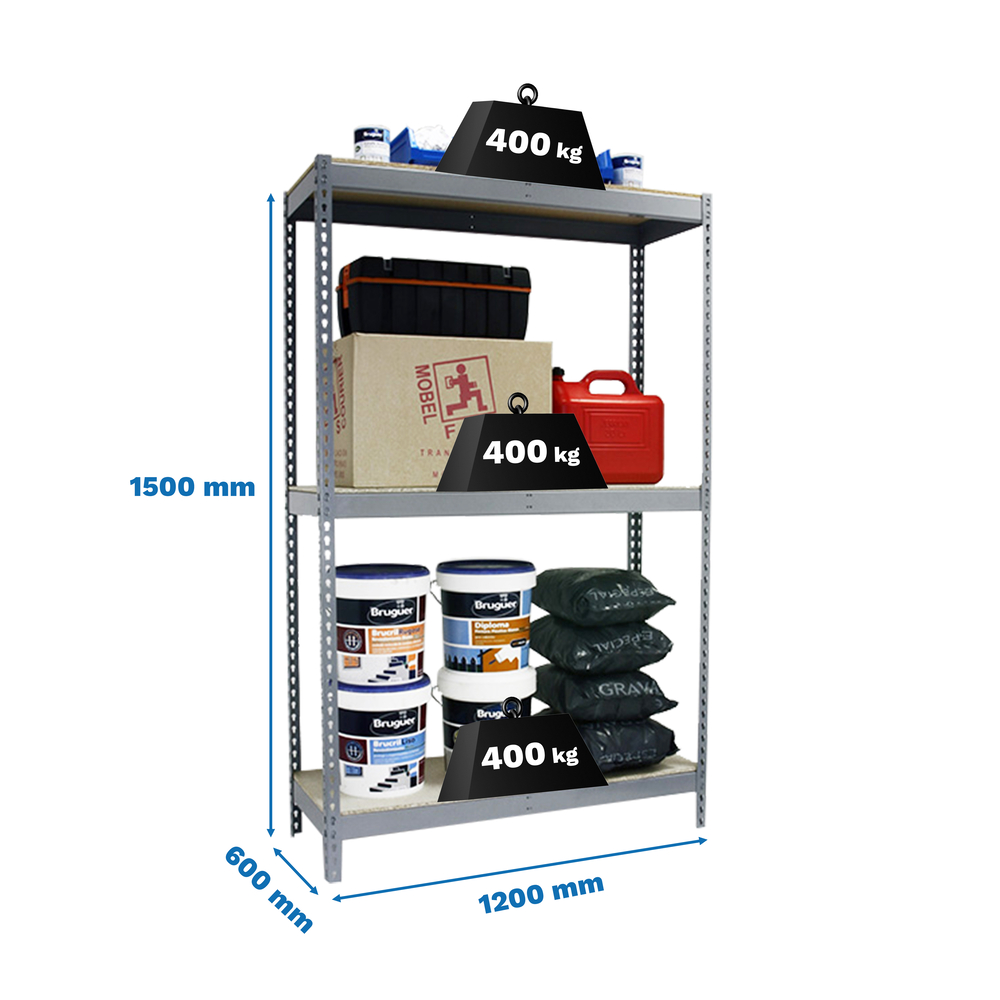 Étagère charge moyenne 400kg - 1500x1200x600 - 3 niveaux Gris/Bois - SIMON RACK - 8435104978030