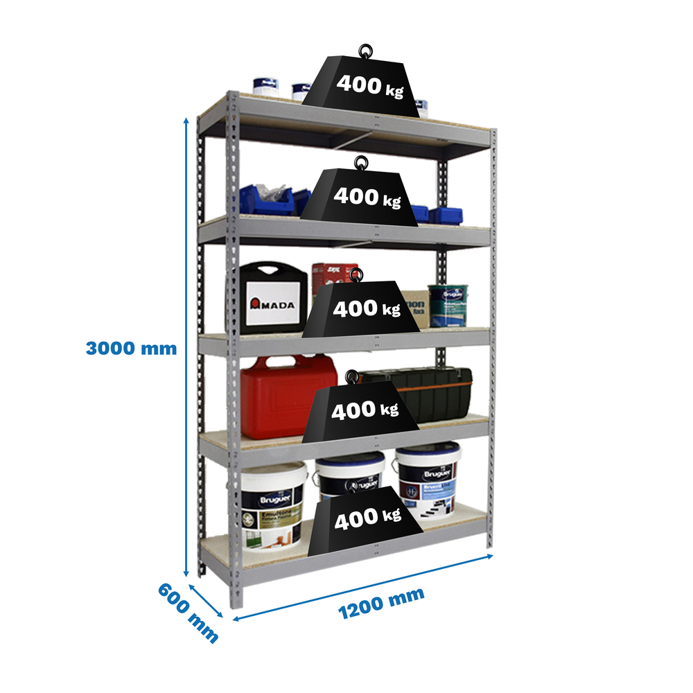 Étagère charge moyenne 400kg - 3000x1200x600 - 5 niveaux Gris/Bois - SIMON RACK - 8435104978214