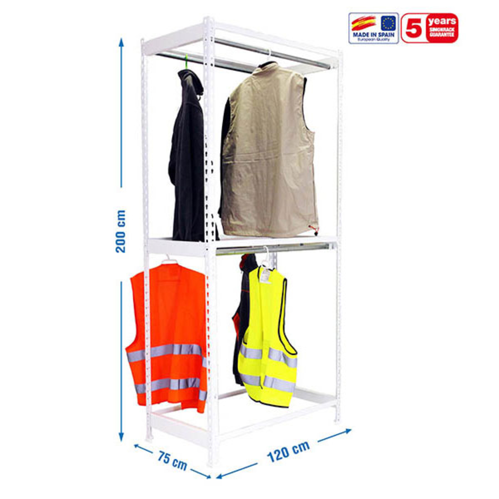 Rayonnage pour vêtements 2000x1200x750 - 2 niveaux Blanc - SIMON RACK - 8435104978535