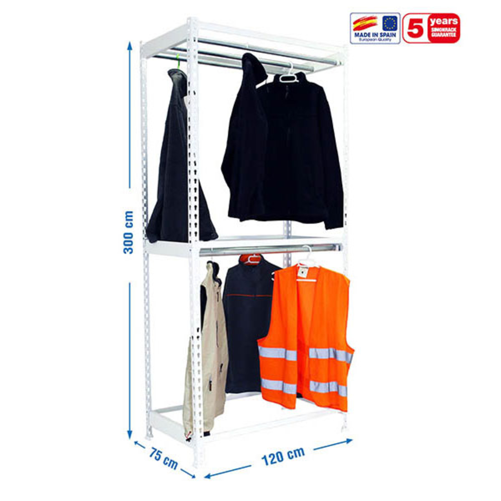 Rayonnage pour vêtements 3000x1200x750 - 2 niveaux Blanc - SIMON RACK - 8435104978696