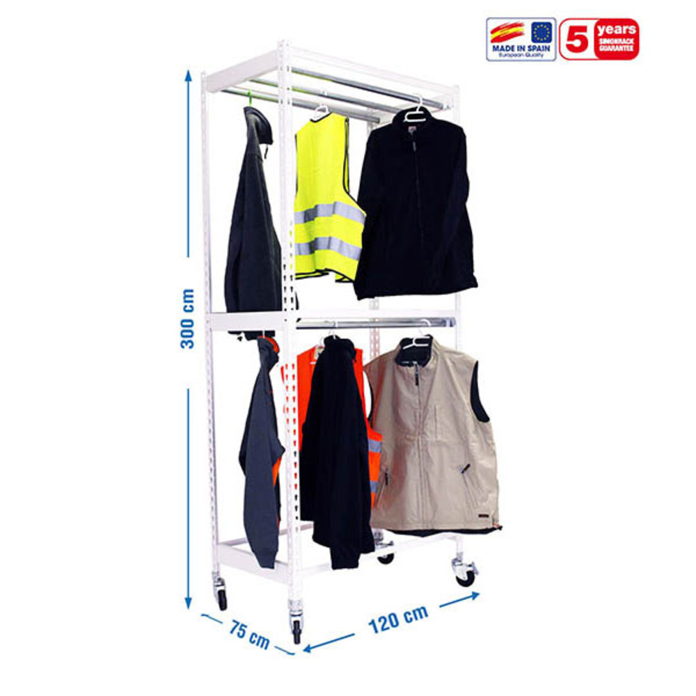 Rayonnage pour vêtements 3075x1200x750 - 2 niveaux Blanc - SIMON RACK - 8435104978702