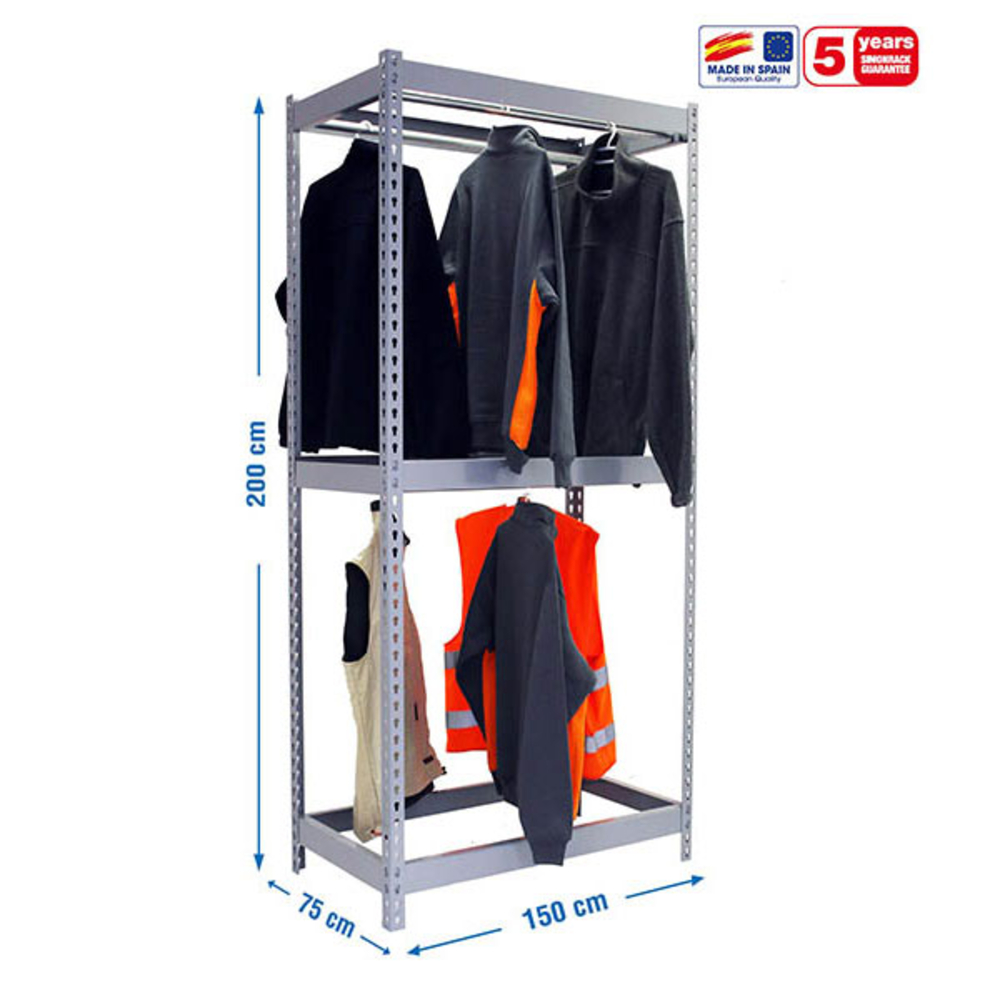 Rayonnage pour vêtements 2000x1500x750 - 2 niveaux Gris - SIMON RACK - 8435104978733