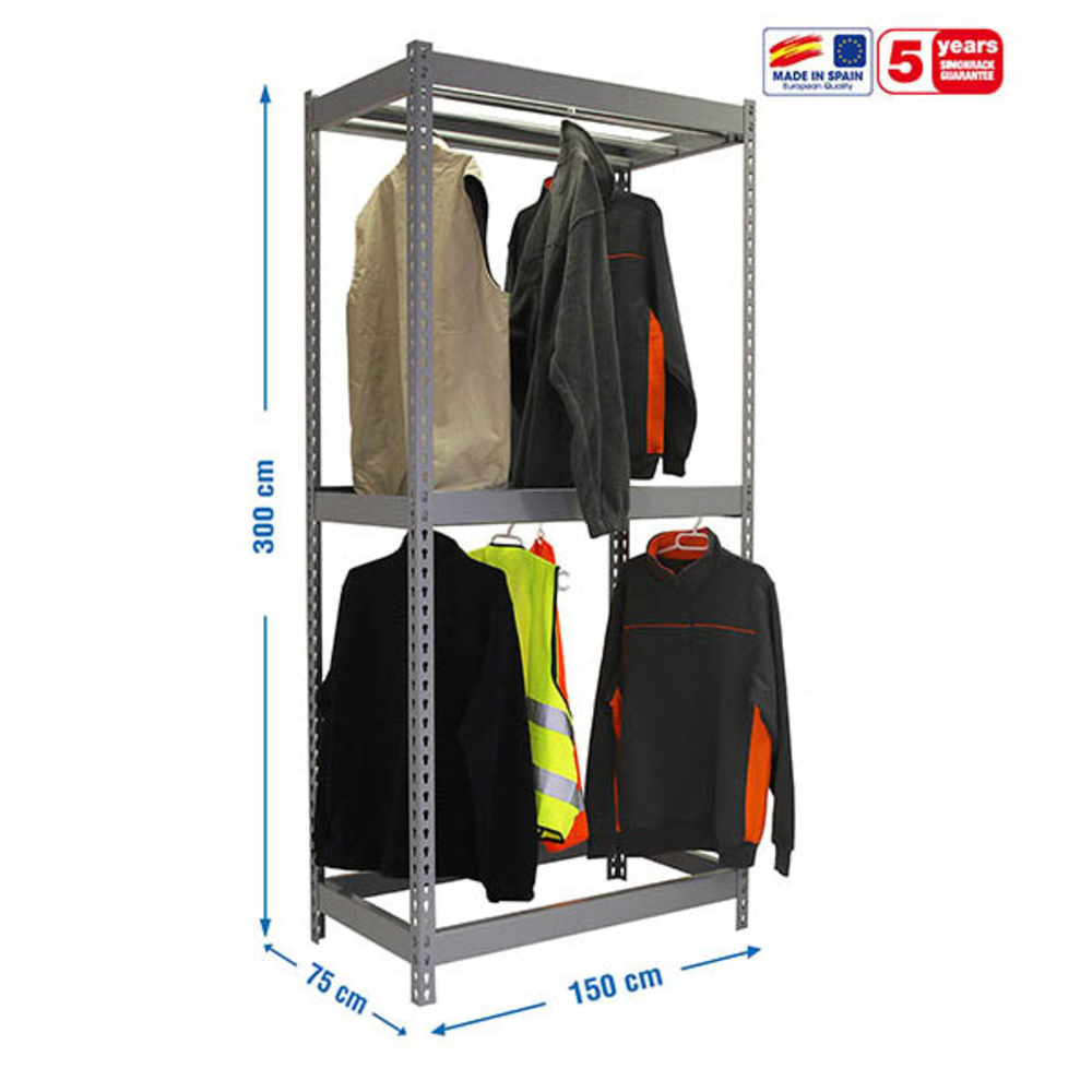 Rayonnage pour vêtements 3000x1500x750 - 2 niveaux Gris - SIMON RACK - 8435104978818