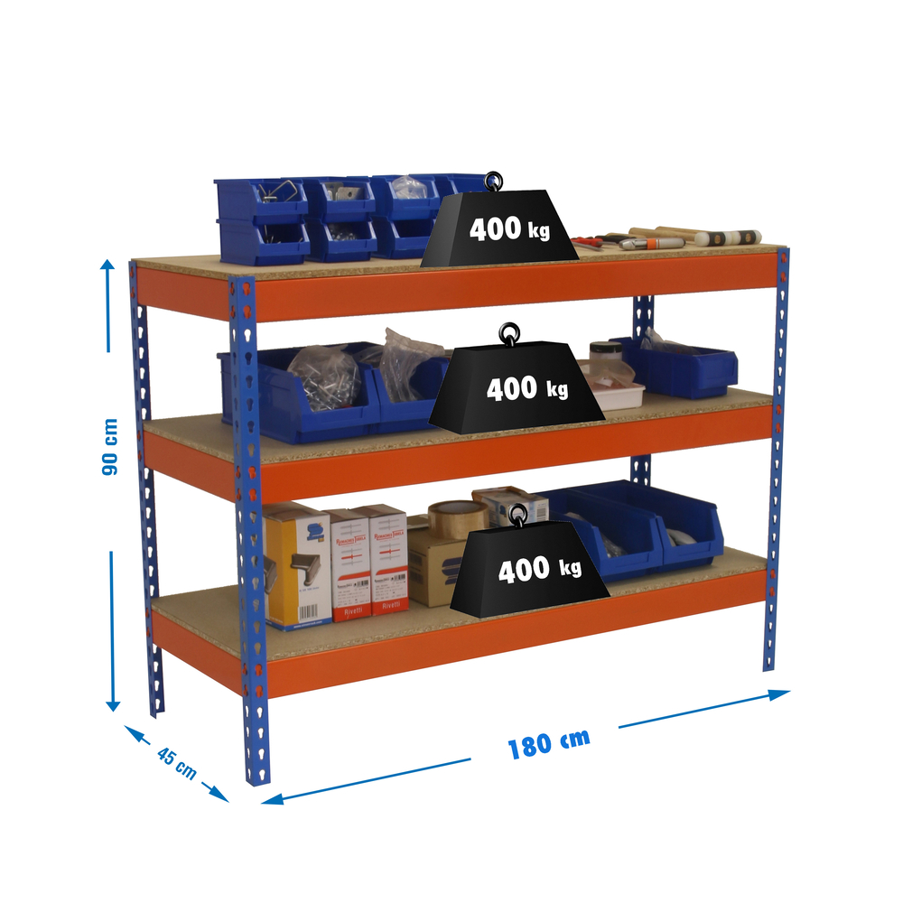 Kit établi Basic - 900x1800x450 - 3 niveaux Bleu/Orange/Bois - SIMON RACK - 8435104983706