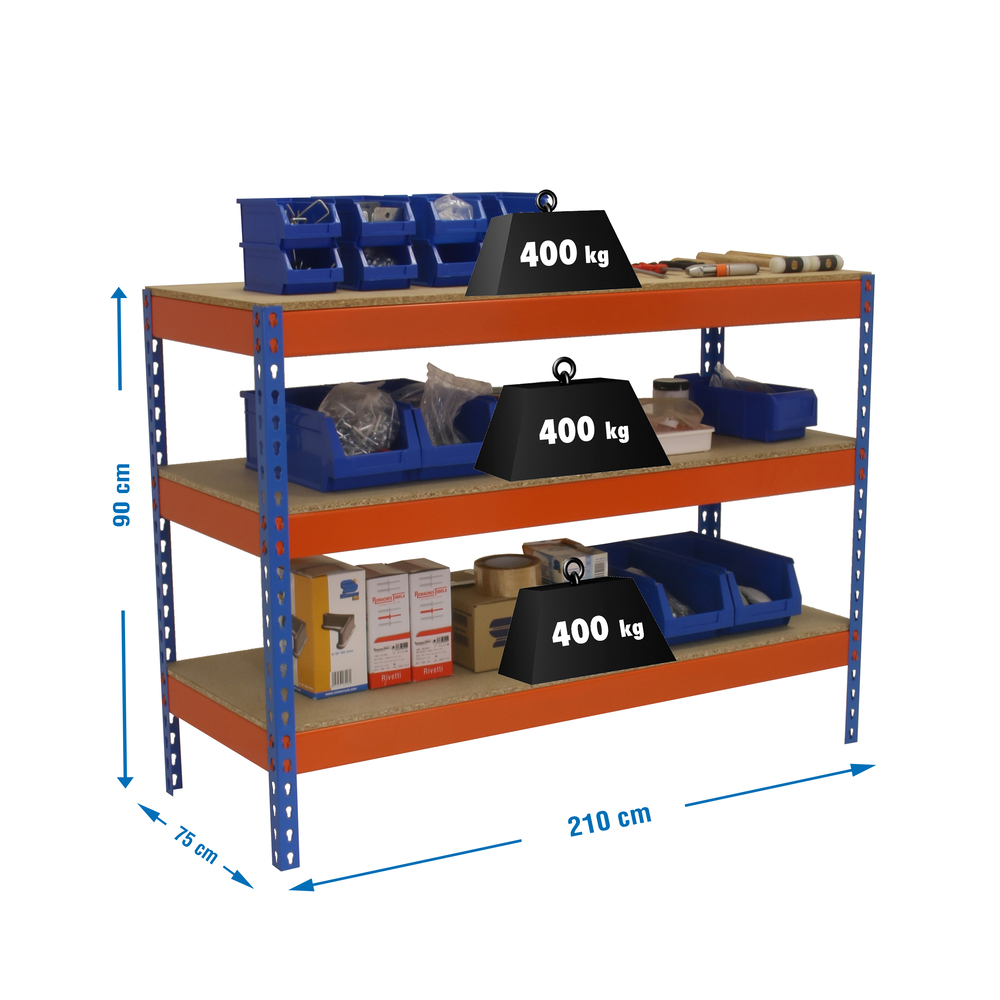 Kit établi Basic - 900x2100x750 - 3 niveaux Bleu/Orange/Bois - SIMON RACK - 8435104983799