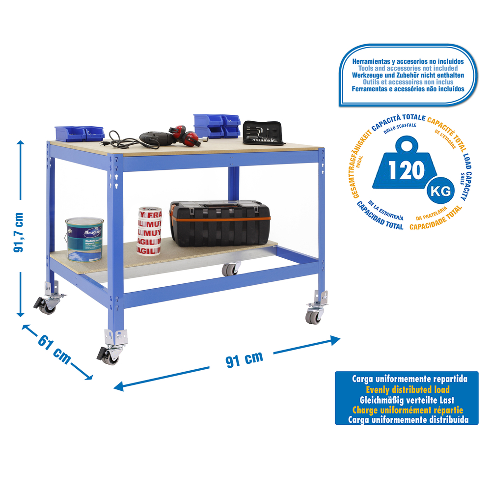 Kit établi mobile Bricolage - 917x910x610 - 2 niveaux Bleu/Bois - SIMON RACK - 8435104984383