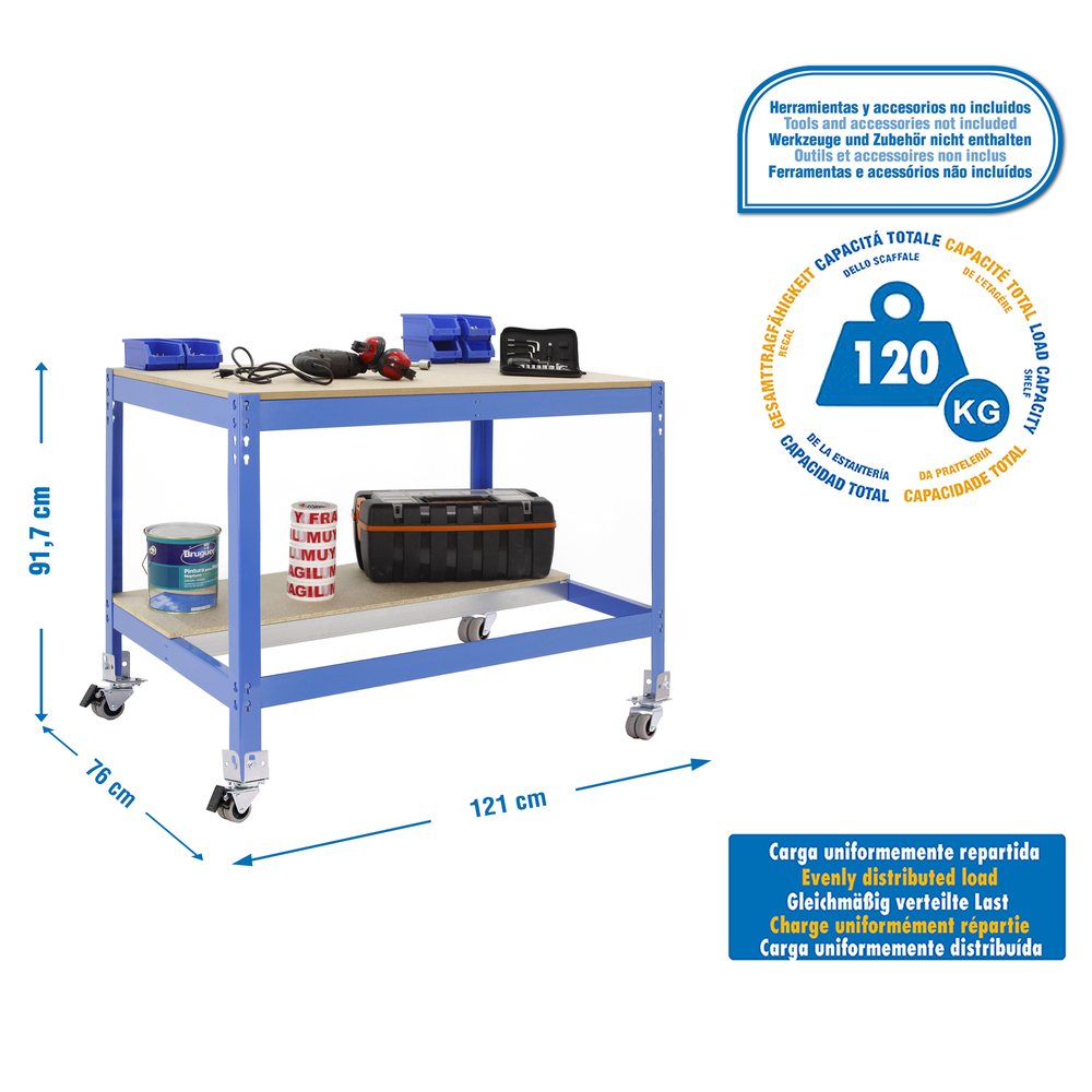 Kit établi mobile Bricolage - 917x1210x760 - 2 niveaux Bleu/Bois - SIMON RACK - 8435104984413