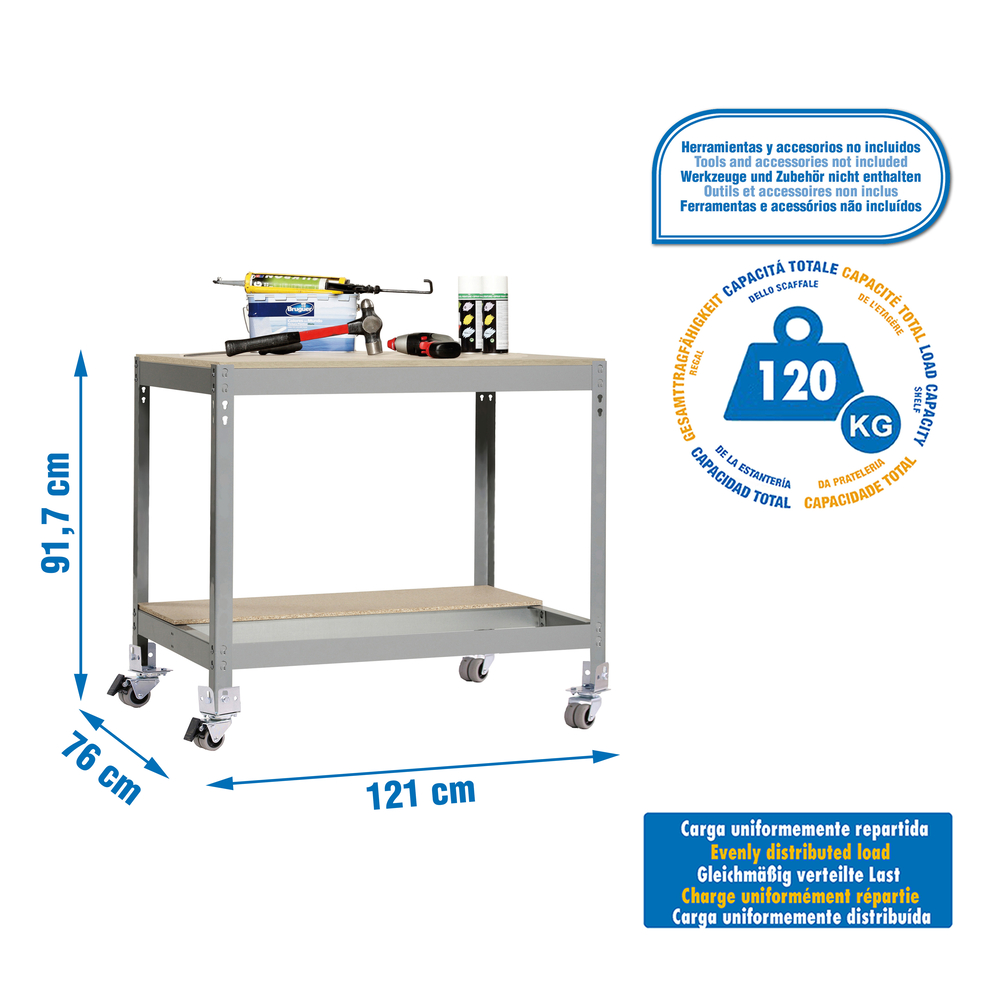 Kit établi mobile Bricolage - 917x1510x760 - 2 niveaux Gris/Bois - SIMON RACK - 8435104984420