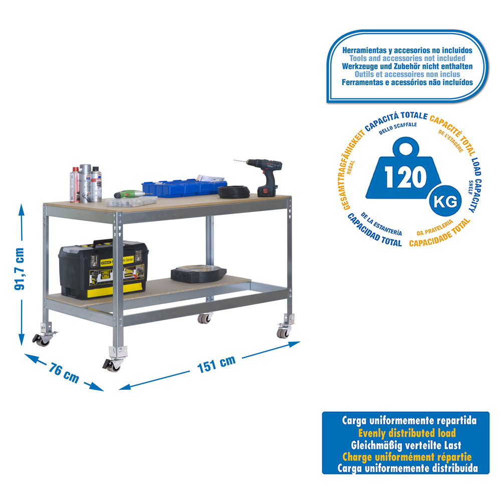Kit établi mobile Bricolage - 917x1510x760 - 2 niveaux Bois - SIMON RACK - 8435104984437