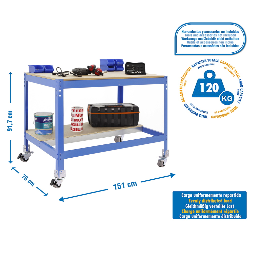 Kit établi mobile Bricolage - 917x1510x760 - 2 niveaux Bleu/Bois - SIMON RACK - 8435104984444