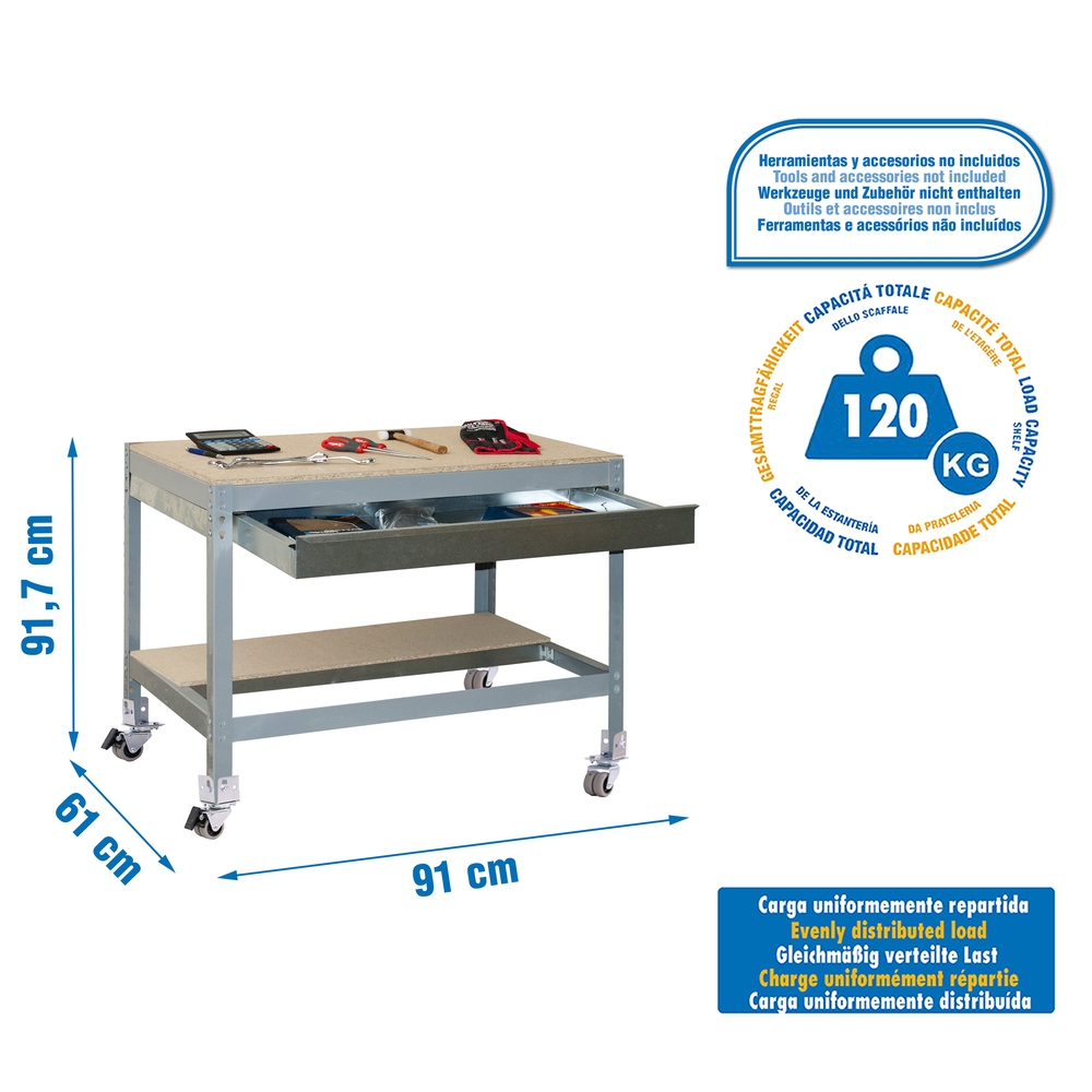 Kit établi mobile Bricolage - 917x910x610 - 2 niveaux Gris/Bois - SIMON RACK - 8435104984451