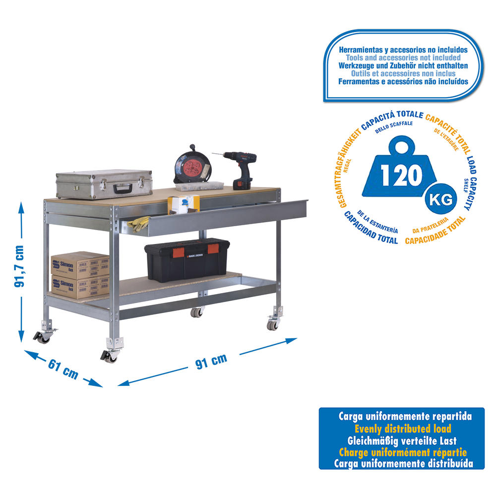 Kit établi mobile Bricolage - 917x910x610 - 2 niveaux Bois - SIMON RACK - 8435104984468