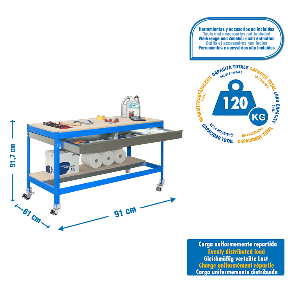 Kit établi mobile Bricolage - 917x910x610 - 2 niveaux Bleu/Bois - SIMON RACK - 8435104984475