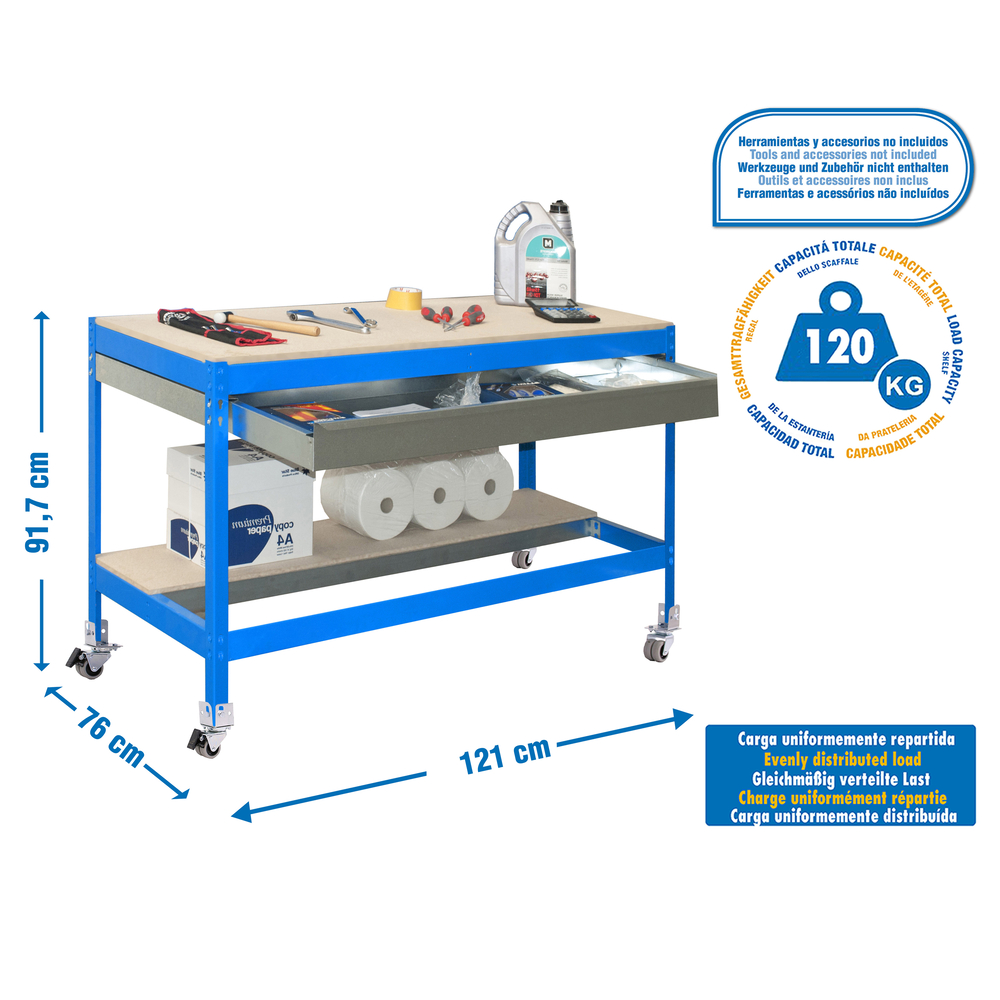 Kit établi mobile Bricolage - 917x1210x760 - 2 niveaux Bleu/Bois - SIMON RACK - 8435104984505