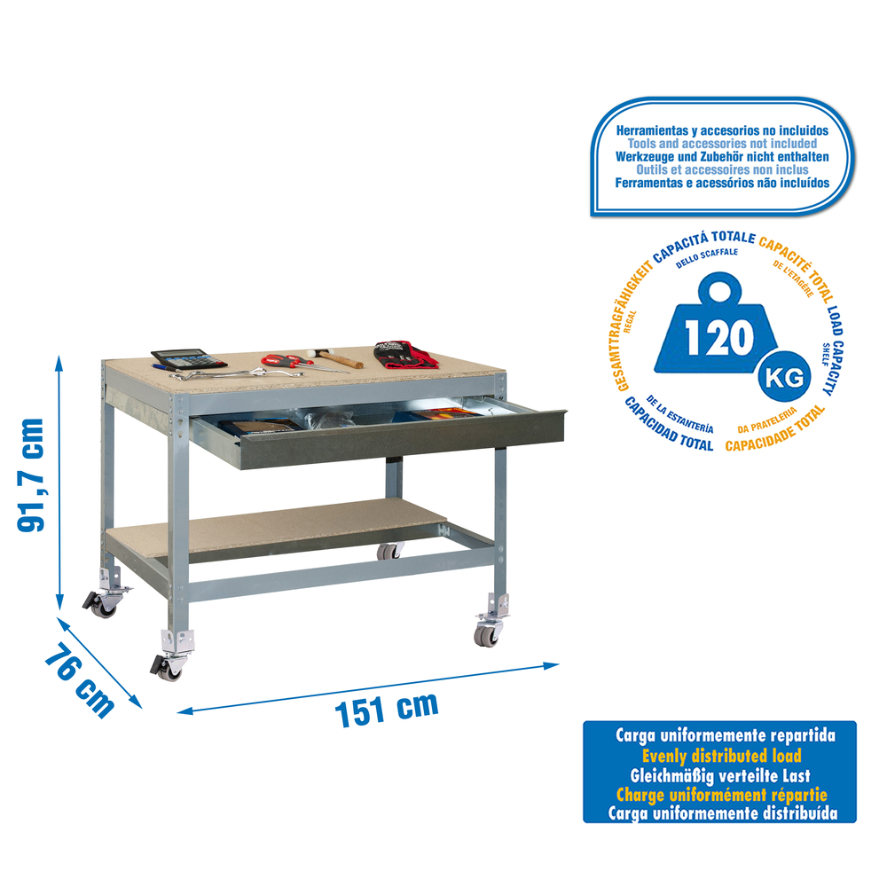 Kit établi mobile Bricolage - 917x1510x760 - 2 niveaux Gris/Bois - SIMON RACK - 8435104984512