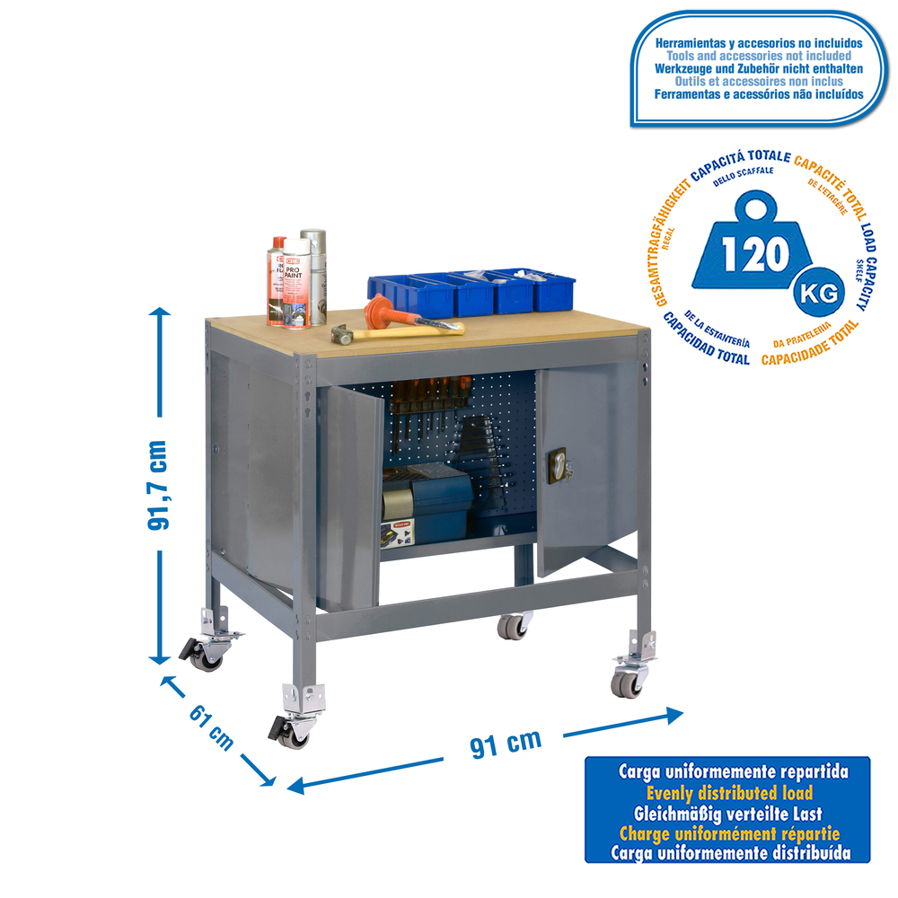 Kit établi mobile Bricolage - 917x910x610 - 1 niveau Gris/Bois - SIMON RACK - 8435104984543