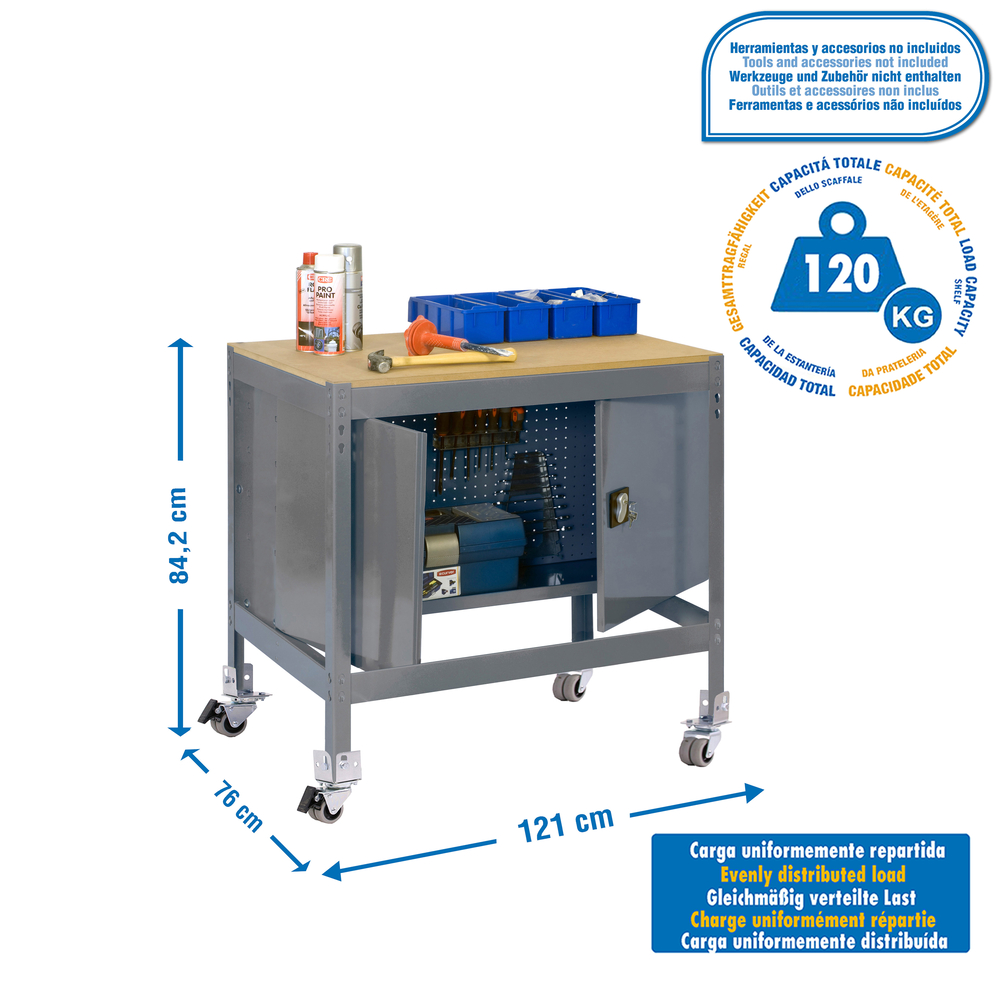 Kit établi mobile Bricolage - 917x1210x760 - 1 niveau Gris/Bois - SIMON RACK - 8435104984567