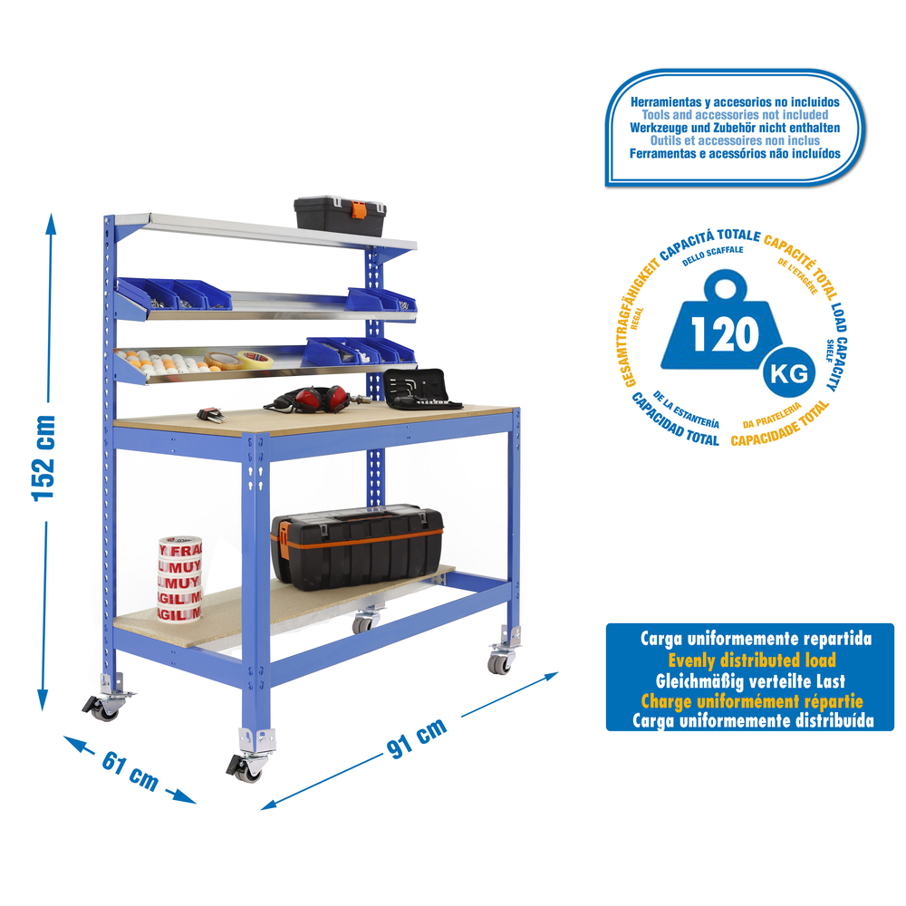Kit établi mobile Bricolage - 1520x910x610 - 5 niveaux Bleu/Bois - SIMON RACK - 8435104984604