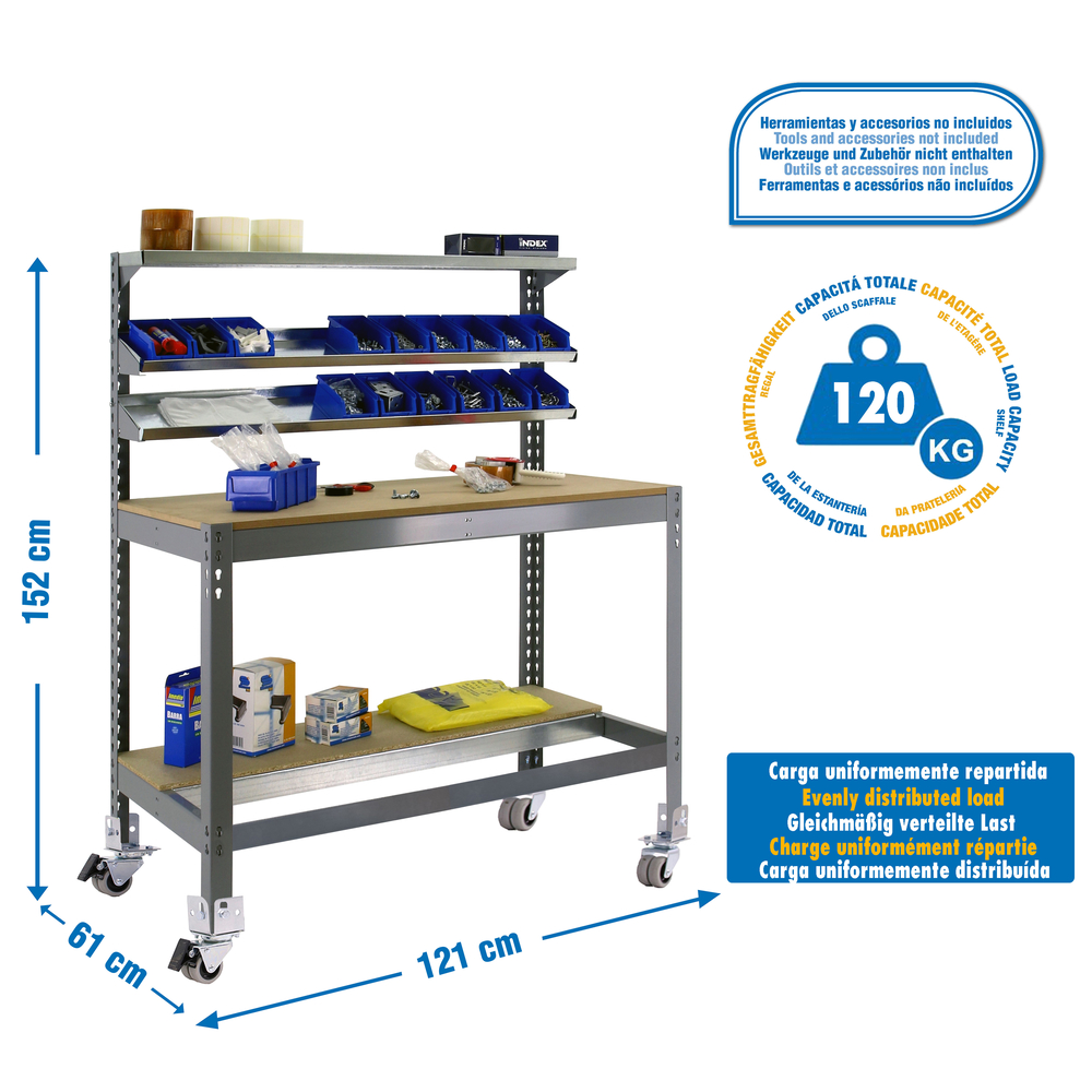 Kit établi mobile Bricolage - 1520x1210x610 - 5 niveaux Gris/Bois - SIMON RACK - 8435104984611