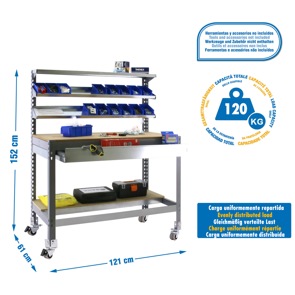 Kit établi mobile Bricolage - 1520x1210x610 - 5 niveaux Gris/Bois - SIMON RACK - 8435104984703