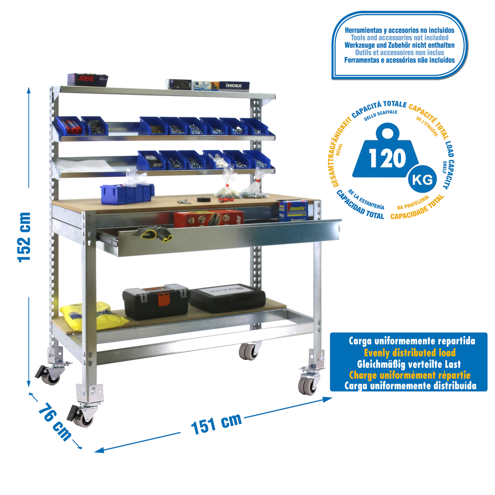 Kit établi mobile Bricolage - 1520x1510x760 - 5 niveaux Bois - SIMON RACK - 8435104984741