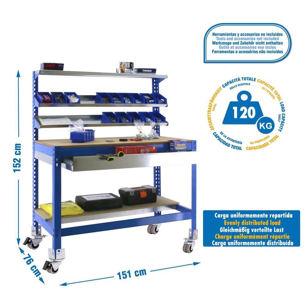 Kit établi mobile Bricolage - 1520x1510x760 - 5 niveaux Bleu/Bois - SIMON RACK - 8435104984758