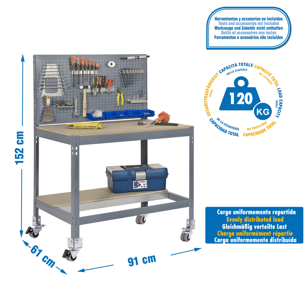 Kit établi mobile Bricolage - 1520x910x610 - 2 niveaux Gris/Bois - SIMON RACK - 8435104984765